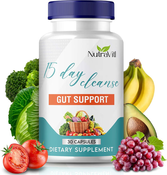 Advanced 15-Day Gut Cleanse Capsules for Digestive Health & Regularity - Detox Support Formula with Senna, Cascara Sagrada, and Psyllium Husk - Men and Women - NUTRAVITL