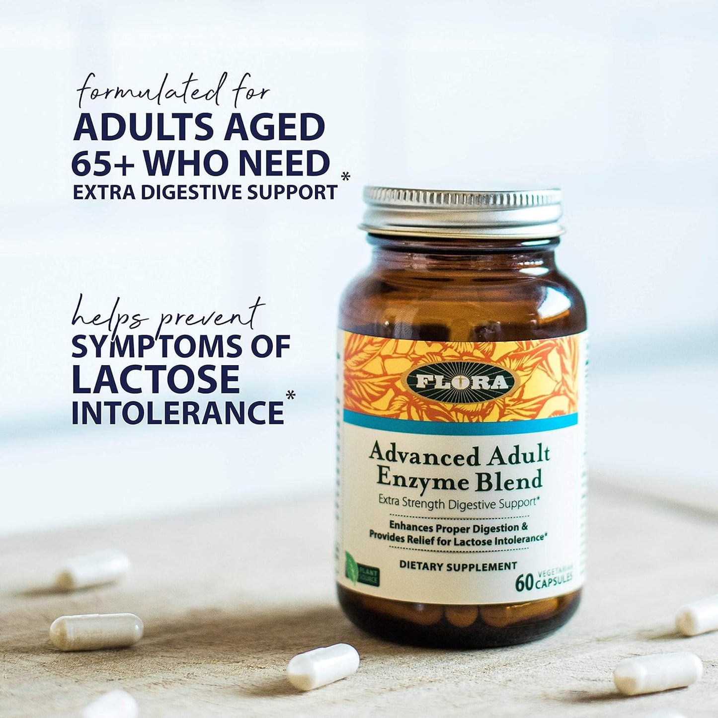 Advanced Adult Enzyme Blend with Lactase for Digestion & Lactose Intolerance Relief - 60 Vegetarian Capsules