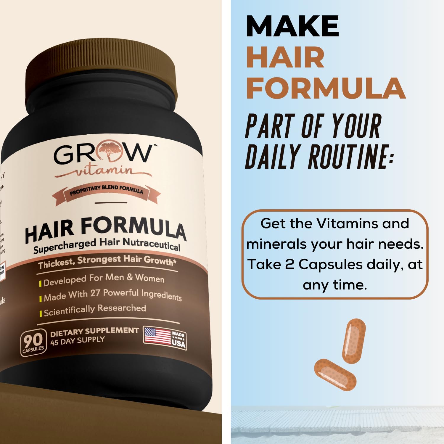 Advanced All in One Hair Formula with Biotin, Saw Palmetto, DHT Blocker & Trace Minerals - Hair, Skin & Nails Supplement - 90 Capsules for Men & Women
