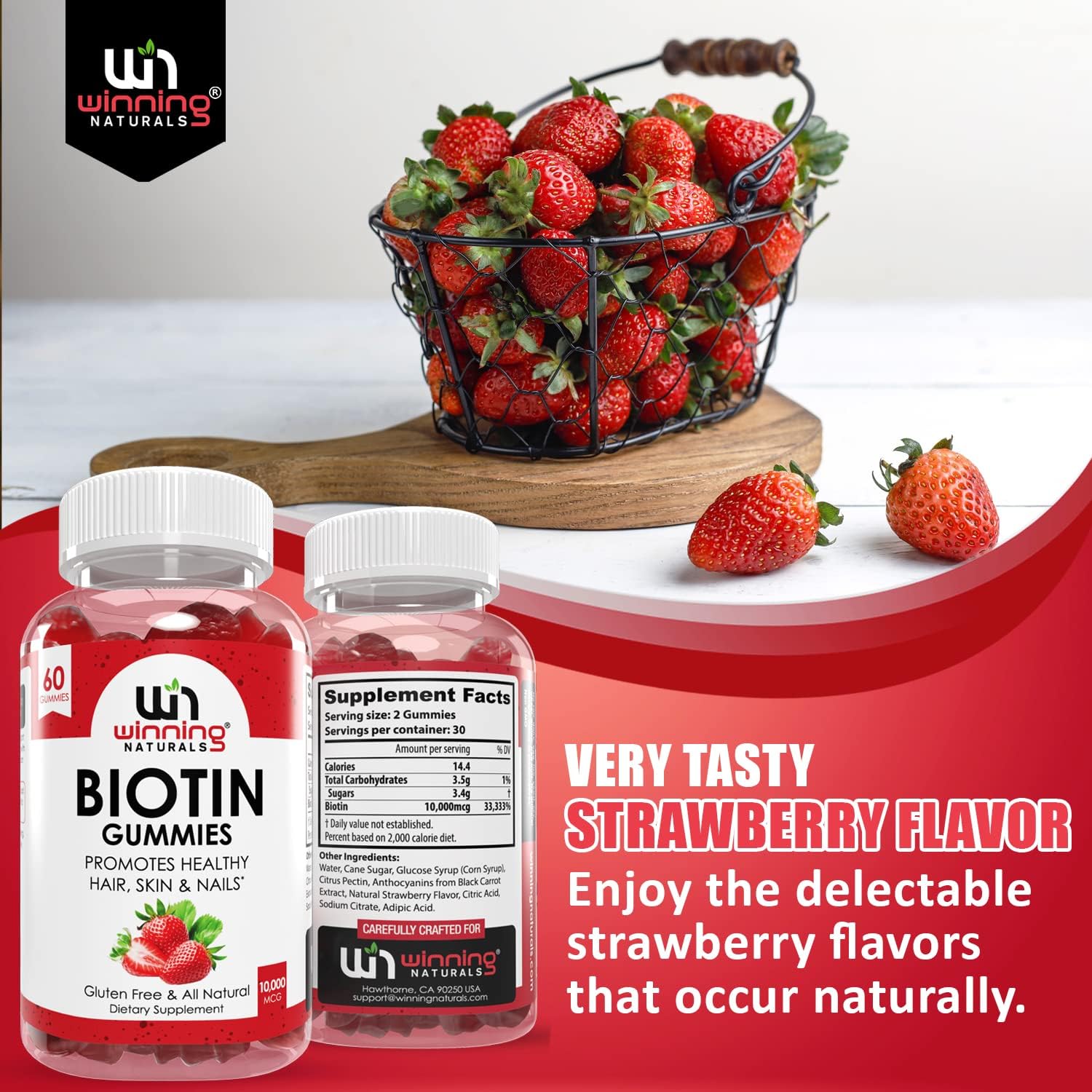 Advanced Biotin Gummies with Natural Strawberry Flavor for Hair, Skin, and Nails Support by WINNING NATURALS