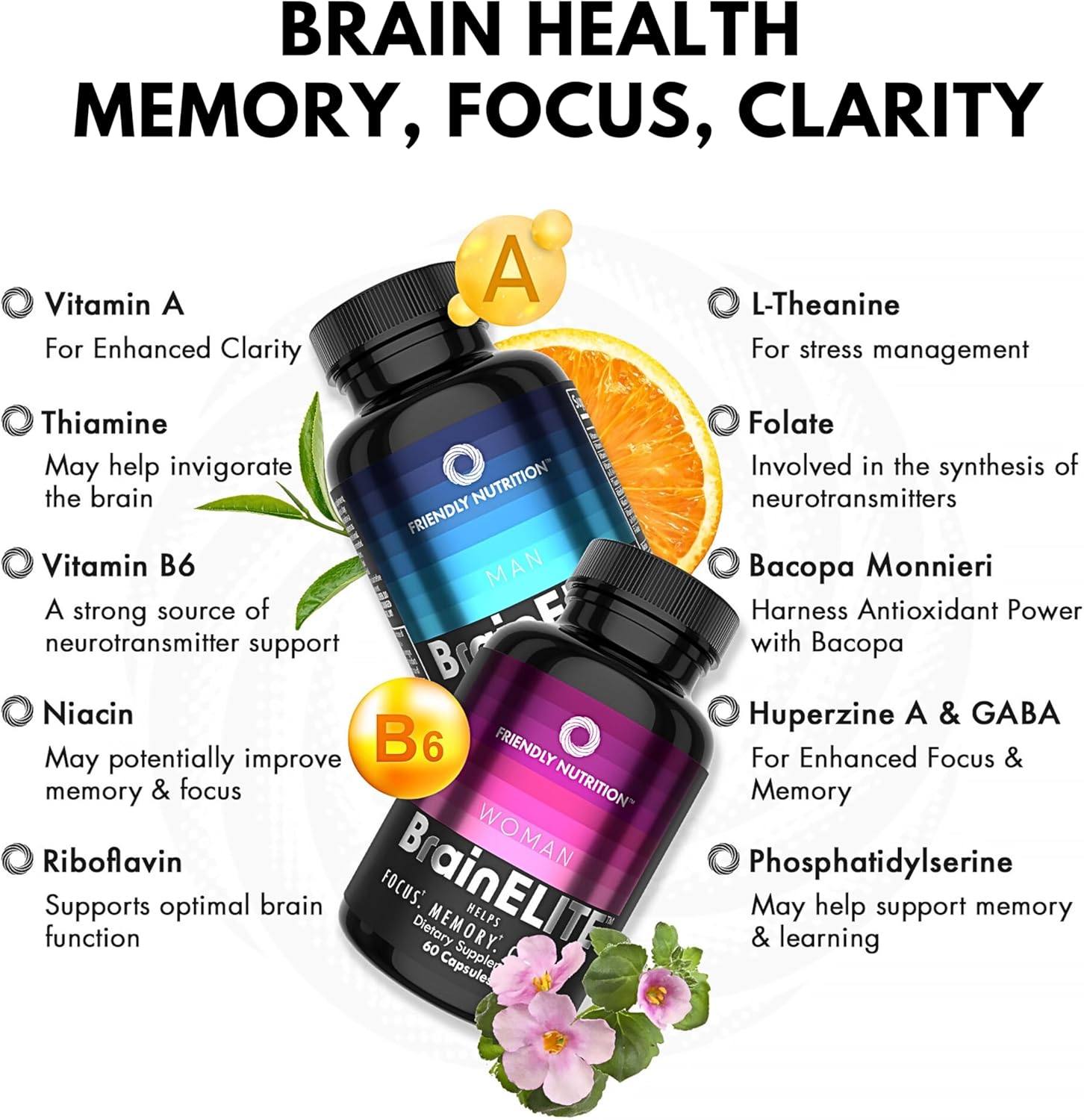 Advanced Brain Booster Capsules for Memory, Focus & Clarity - Nootropic Supplements with Choline, DMAE, Phosphatidylserine, Bacopa - 60 Count 2 Pack for Men & Women