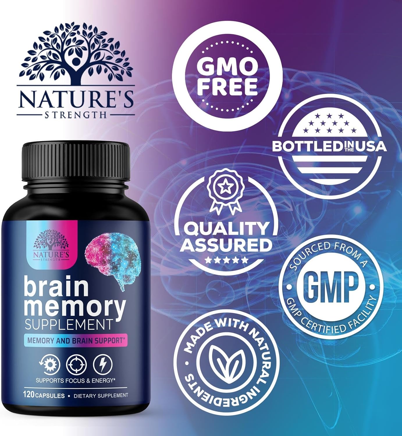 Advanced Brain Health Memory Vitamins with Bacopa & More - Cognitive Formula for Focus, Energy, and Clarity - 120 Capsules