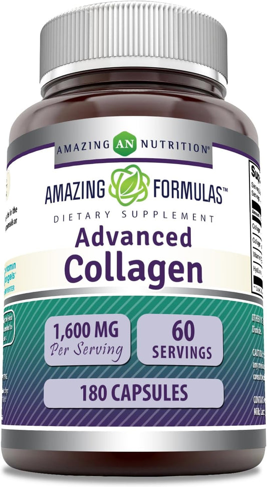 Advanced Collagen Supplement with Vitamin C & Hyaluronic Acid - 180 Capsules, 1600mg - Type I, II & III, Non-GMO, Gluten-Free - Made in USA by Amazing Nutrition