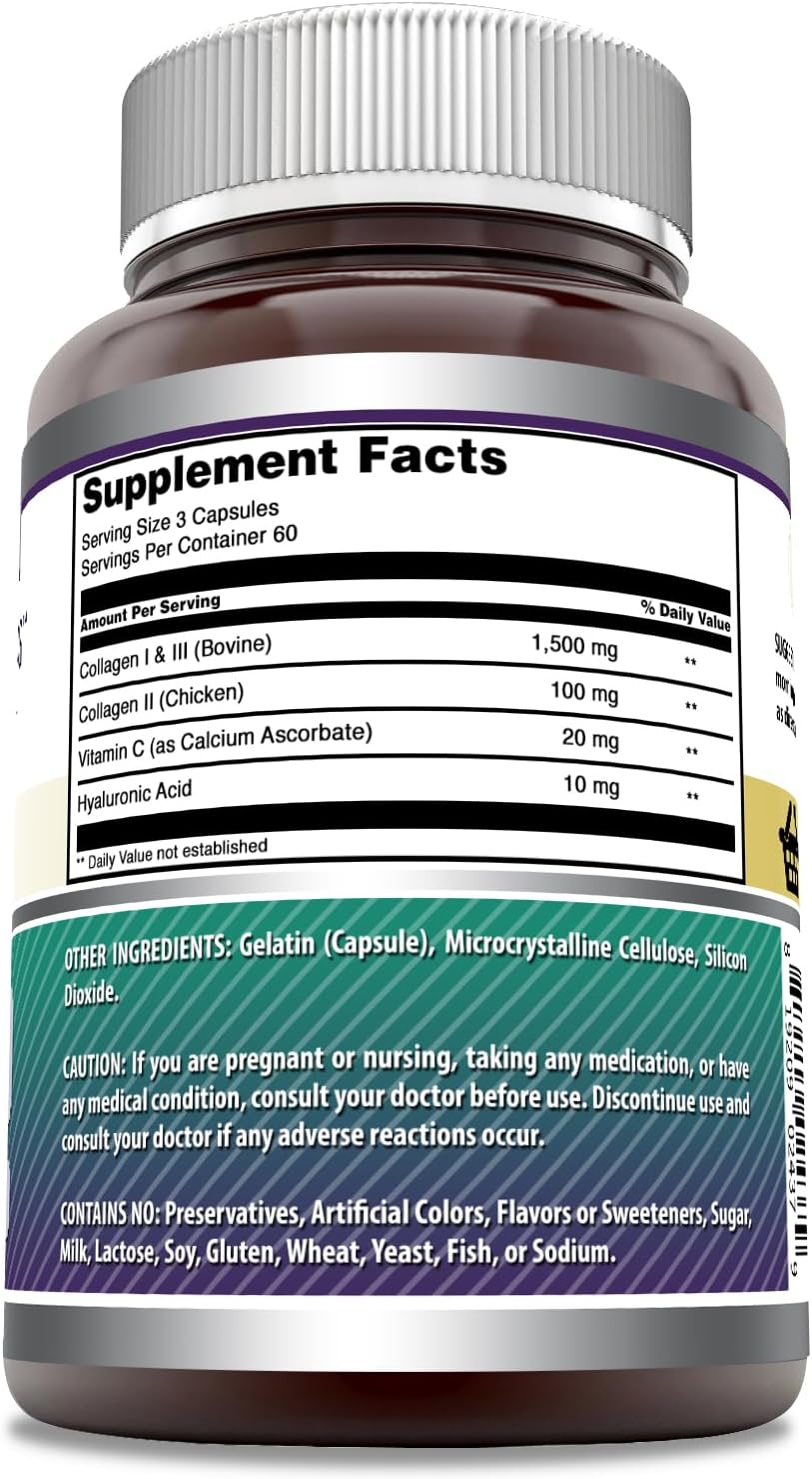 Advanced Collagen Supplement with Vitamin C & Hyaluronic Acid - 180 Capsules, 1600mg - Type I, II & III, Non-GMO, Gluten-Free - Made in USA by Amazing Nutrition