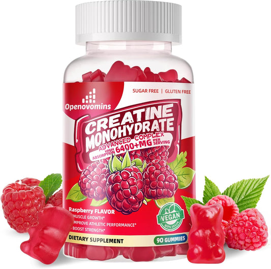 Advanced Creatine Monohydrate Gummies Complex 6400mg with L-Taurine and Vitamin B12 for Men & Women - Sugar-Free Raspberry Gummies, 90ct