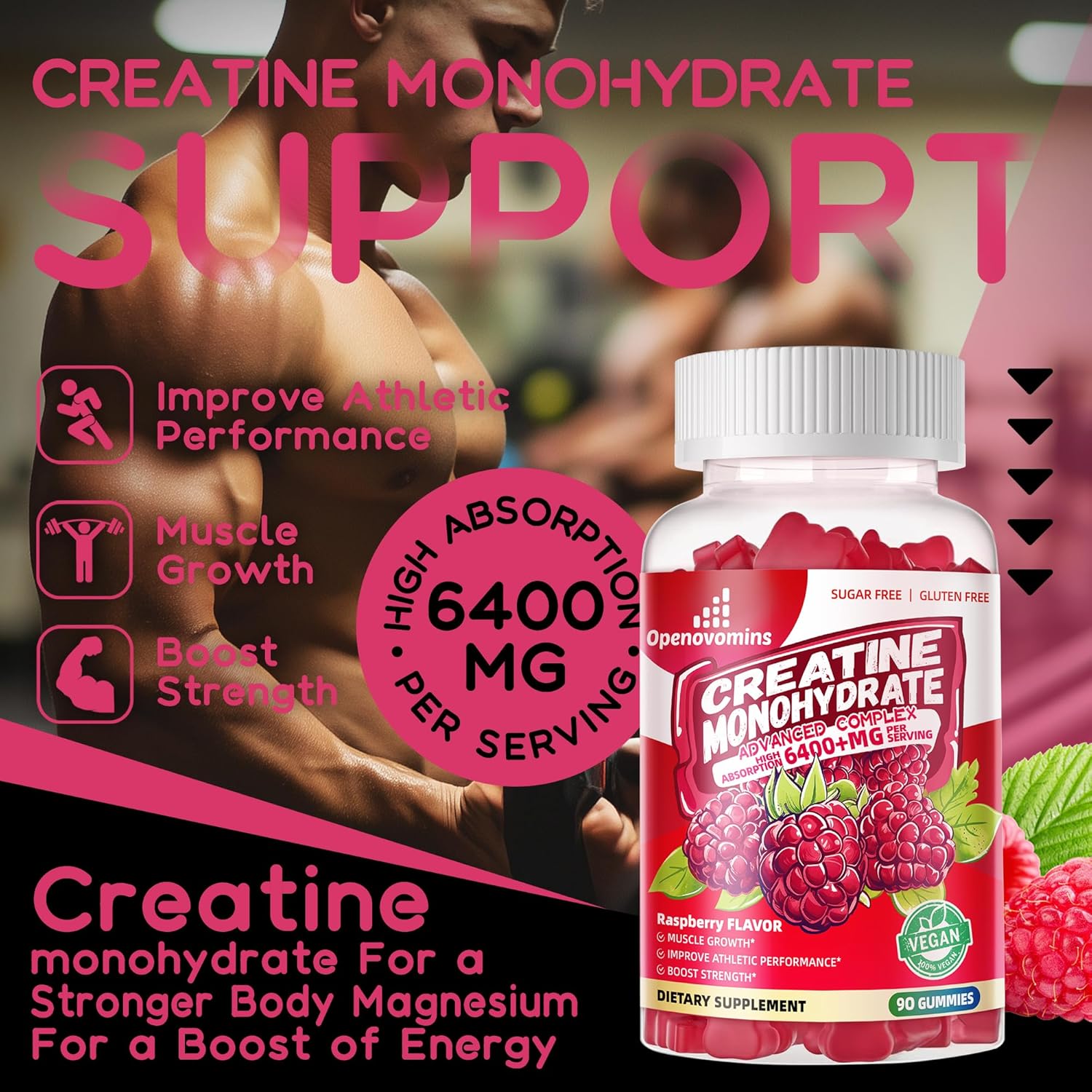 Advanced Creatine Monohydrate Gummies Complex 6400mg with L-Taurine and Vitamin B12 for Men & Women - Sugar-Free Raspberry Gummies, 90ct