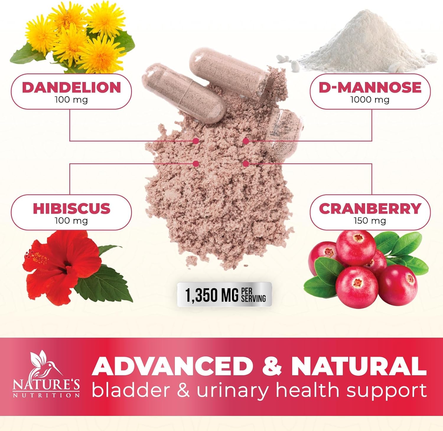 Advanced Formula DMannose Pills with Cranberry 1350mg - Natural Bladder & Urinary Tract Support - D Mannose Supplements for Men & Women - Non-GMO, Vegan - 60 Capsules