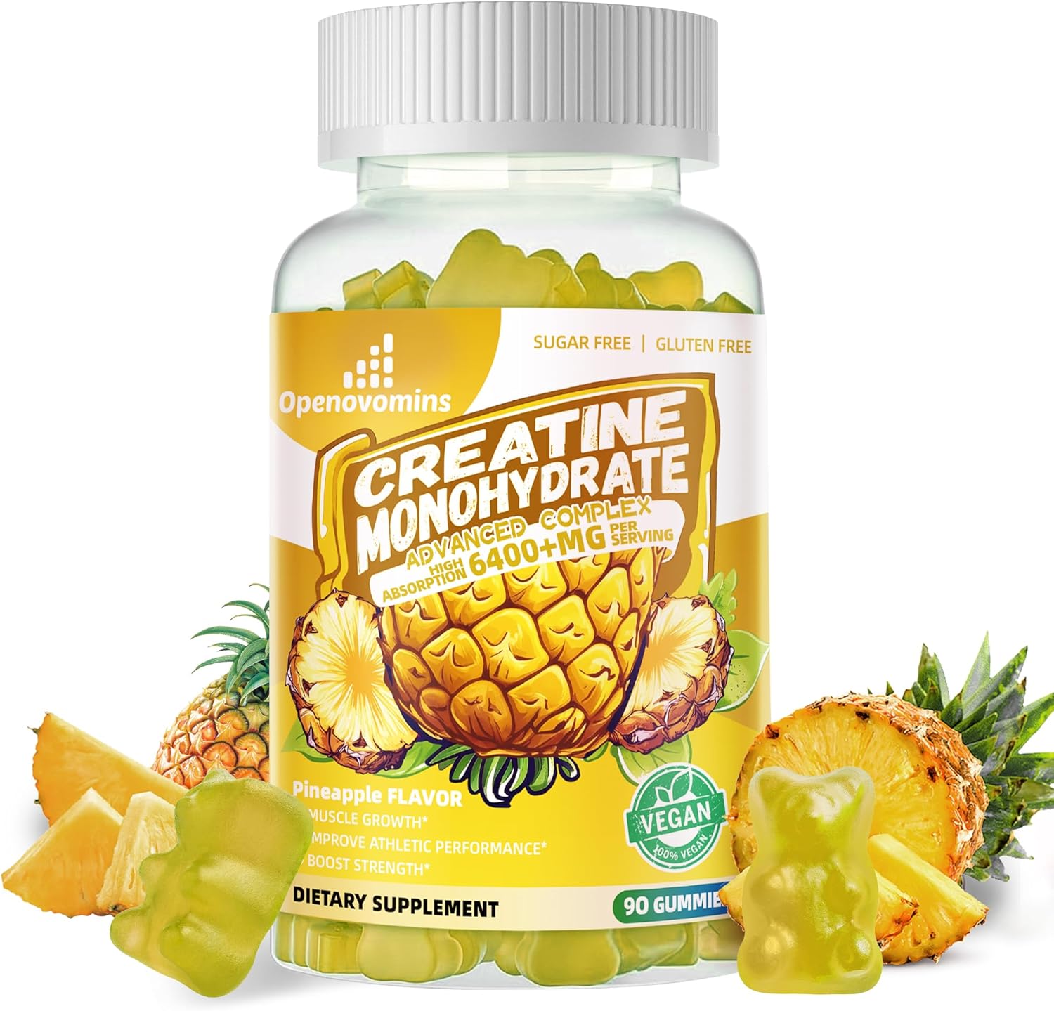 Advanced Formula OPENOVOMINS Creatine Monohydrate Gummies Complex 6400mg with L-Taurine & Vitamin B12 - Sugar Free Chewable Supplement for Men & Women, 90 Pineapple Gummies