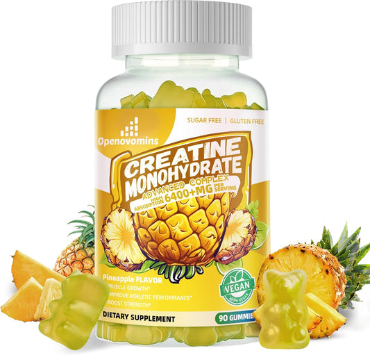 Advanced Formula OPENOVOMINS Creatine Monohydrate Gummies Complex 6400mg with L-Taurine & Vitamin B12 - Sugar Free Chewable Supplement for Men & Women, 90 Pineapple Gummies