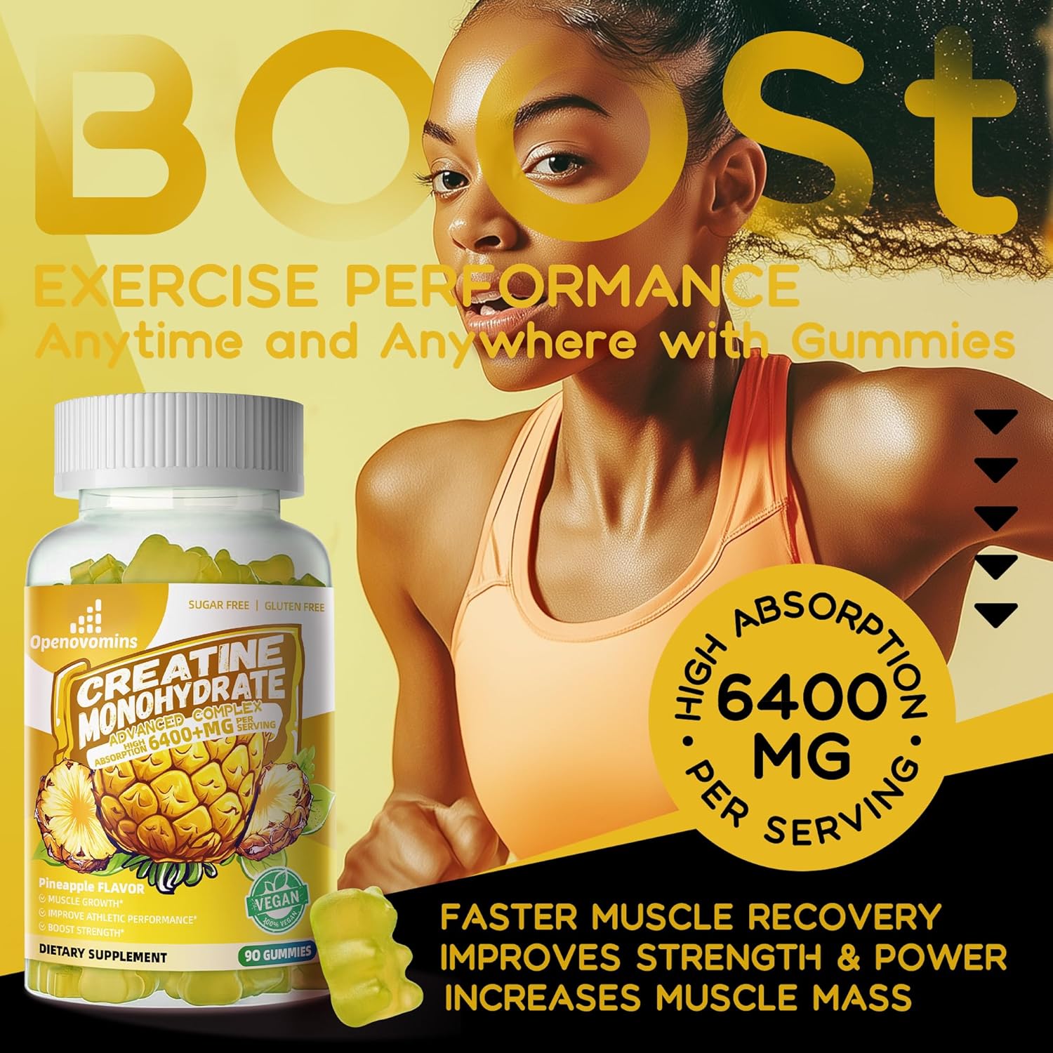 Advanced Formula OPENOVOMINS Creatine Monohydrate Gummies Complex 6400mg with L-Taurine & Vitamin B12 - Sugar Free Chewable Supplement for Men & Women, 90 Pineapple Gummies