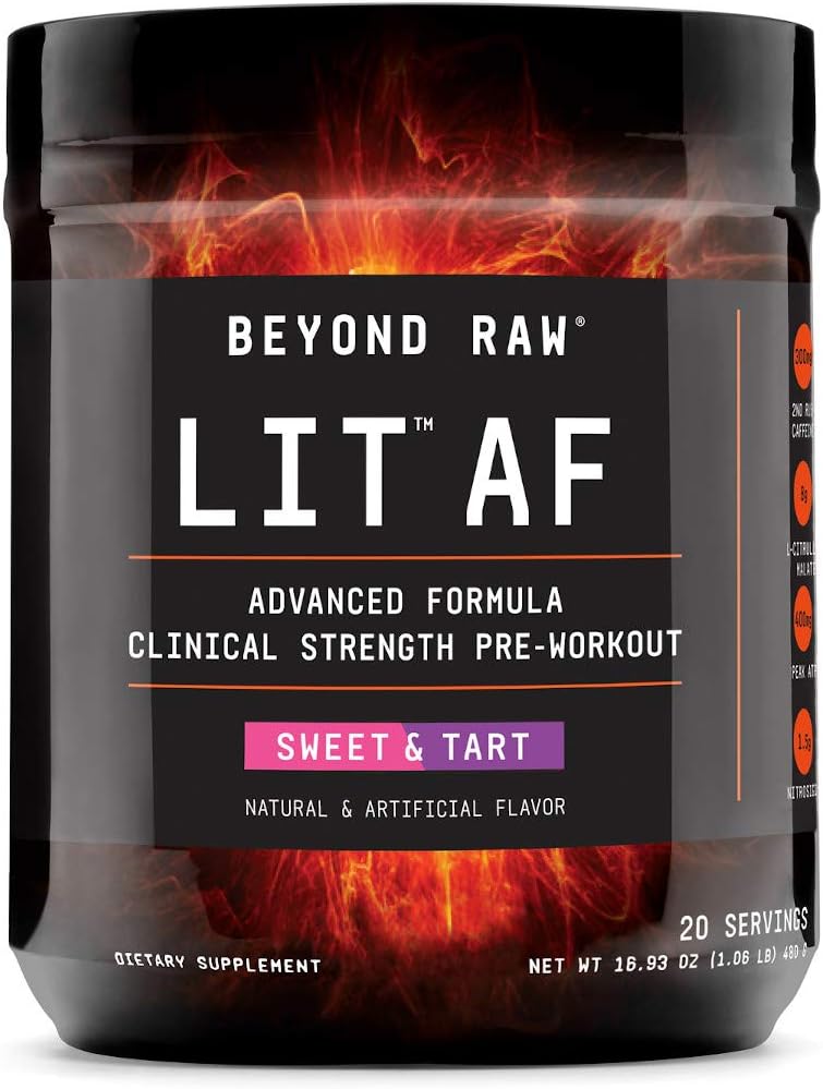 Advanced Formula Pre-Workout Powder with Caffeine, L-Citruline, and Nitrosigine for Enhanced Performance | Beyond Raw Lit AF | Sweet & Tart Flavor | 20 Servings