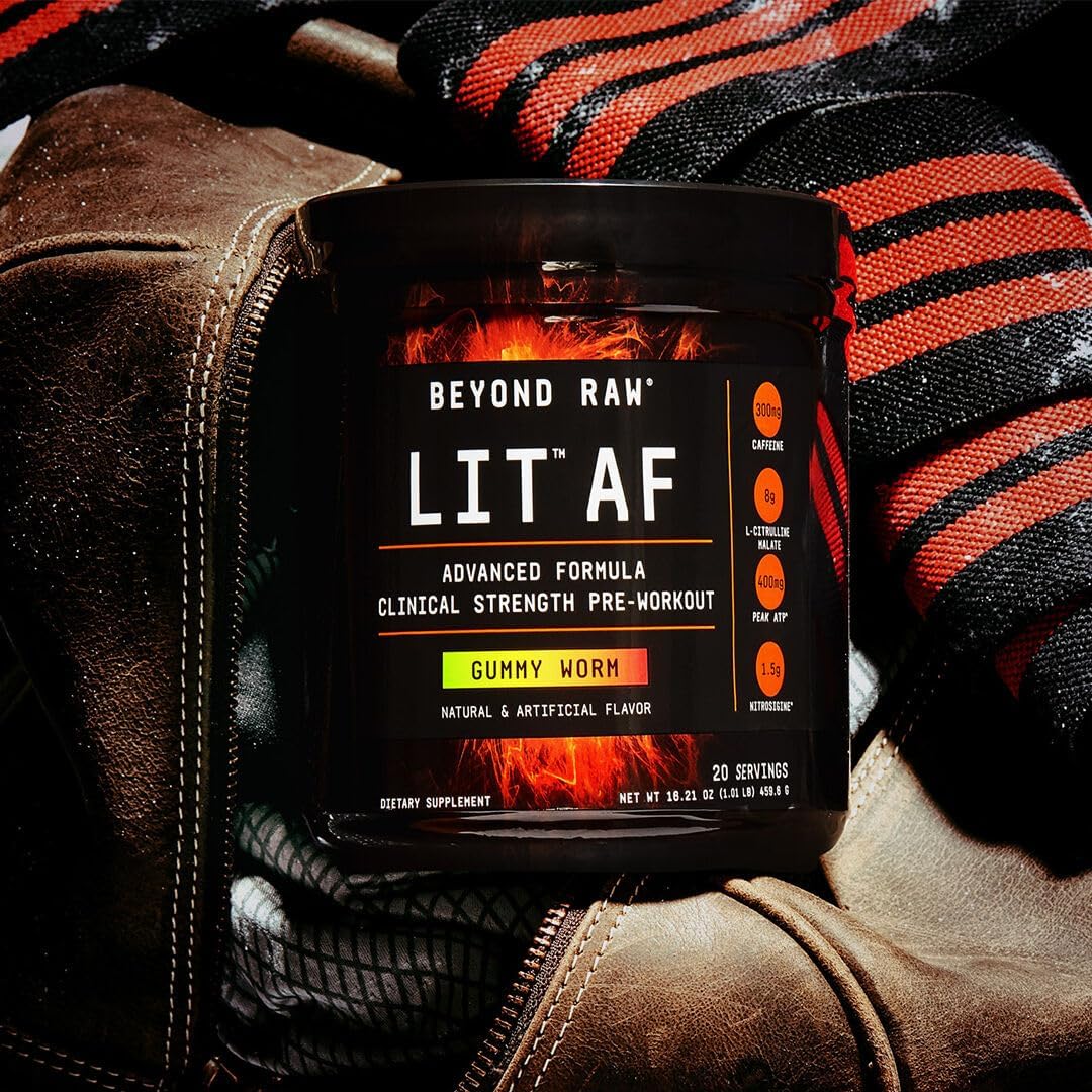 Advanced Formula Pre-Workout Powder with Caffeine, L-Citruline, and Nitrosigine for Enhanced Performance | Beyond Raw Lit AF | Sweet & Tart Flavor | 20 Servings