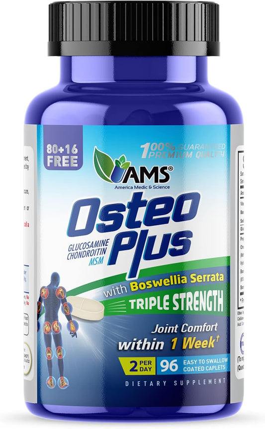 Advanced Joint Supplement with Boswellia Serrata, MSM, Vitamin C, & Chondroitin | America Medic & Science Osteo Plus (96 caplets) | For Men and Women