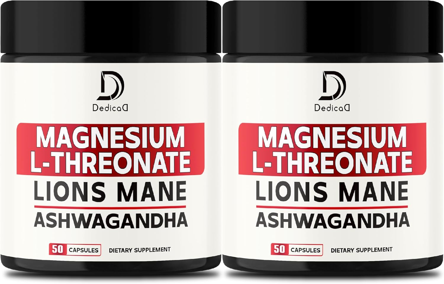 Advanced Magnesium L-Threonate Supplement - 2 Packs, 50 Capsules with Lions Mane & Ashwagandha Root - 1000Mg Per Serving