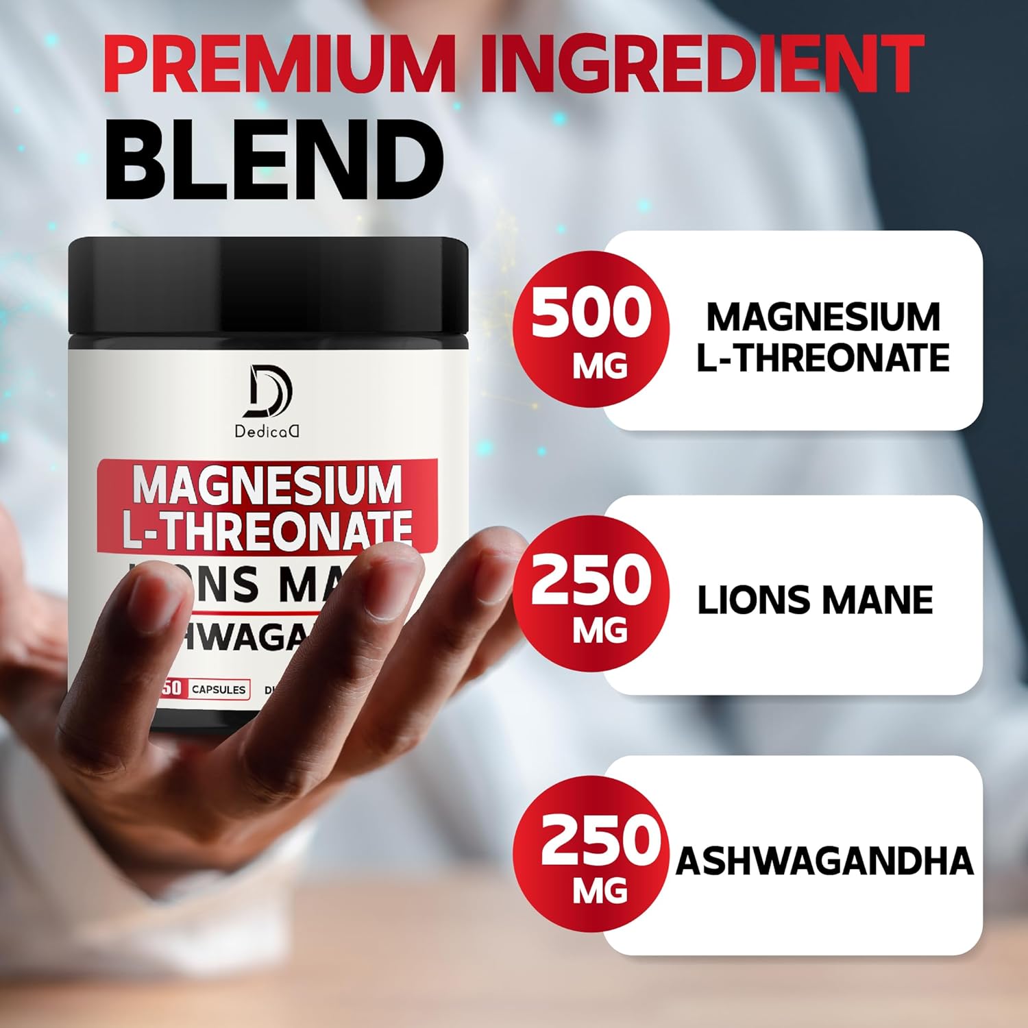 Advanced Magnesium L-Threonate Supplement - 2 Packs, 50 Capsules with Lions Mane & Ashwagandha Root - 1000Mg Per Serving