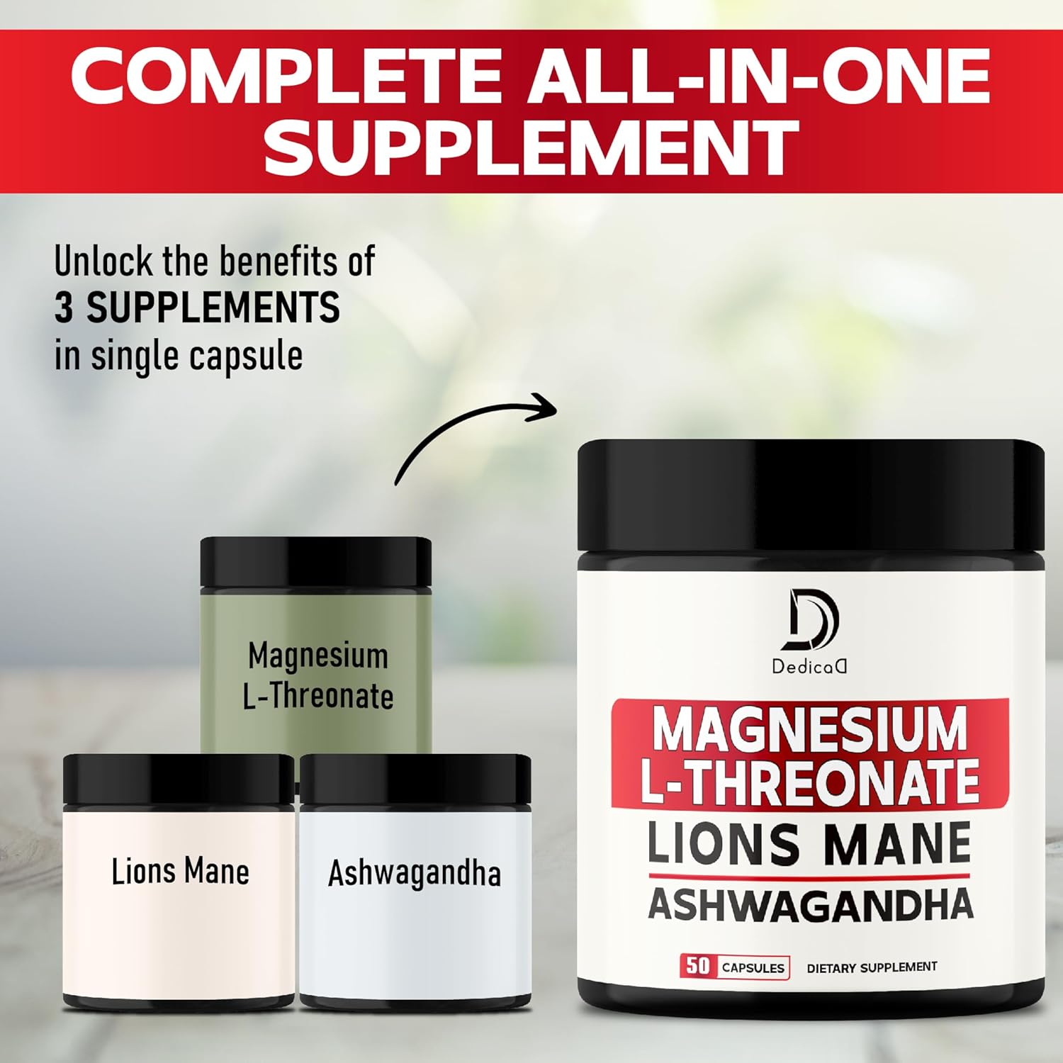 Advanced Magnesium L-Threonate Supplement - 2 Packs, 50 Capsules with Lions Mane & Ashwagandha Root - 1000Mg Per Serving