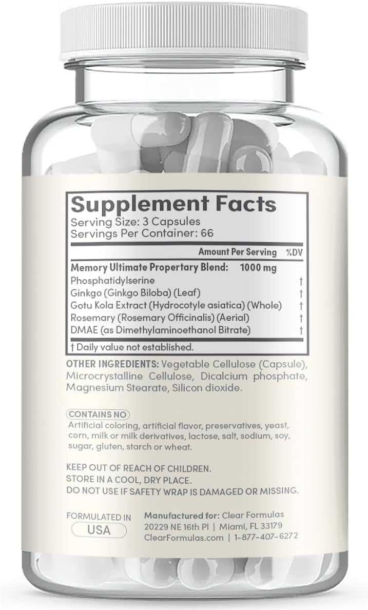 Advanced Memory Support Supplement with Phosphatidylserine, DMAE, Gotu Kola, and Ginkgo Biloba - Non-GMO Vegan Formula for Brain Function - Made in USA (60+ Servings)