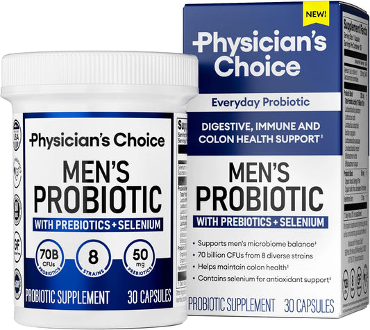 Advanced Men's Probiotic with 70 Billion CFU, 8 Strains, Selenium, Organic Prebiotics - Supports Digestive, Microbiome, Colon, Immune Health - Physician's CHOICE - 30ct