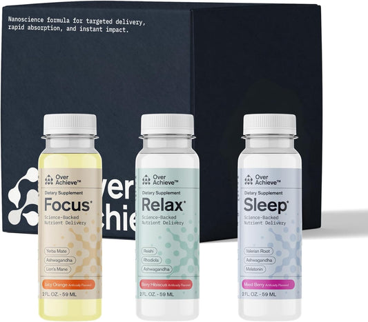Advanced Nanoscience Technology Supplement Variety Pack - Stress Calming, Sleep Aid, Nootropic Brain Focus - 12 Pack, 2 oz Shot