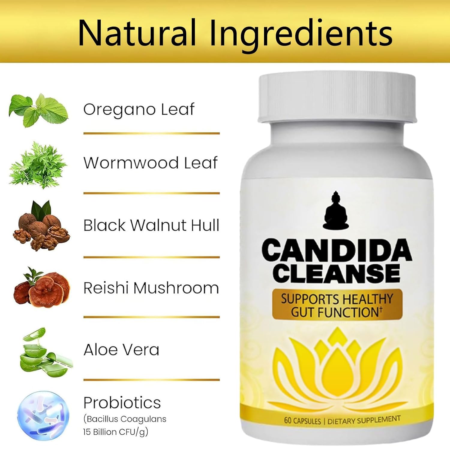 Advanced Probiotic & Herbal Candida Cleanse Supplement for Gut & Colon Support - Natural Formula with Oregano Leaf, Wormwood, Black Walnut, Caprylic Acid - 60 Capsules for Men & Women