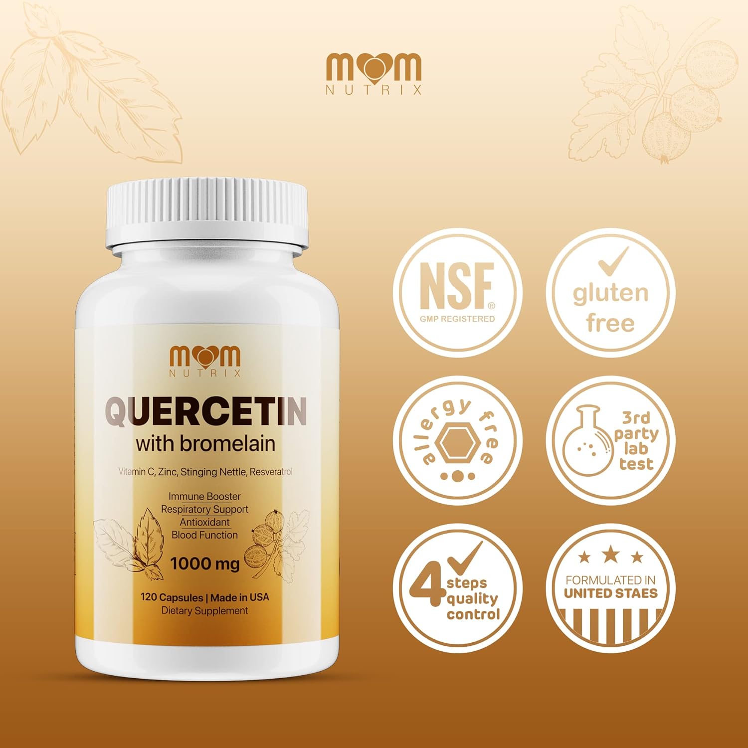 Advanced Quercetin and Bromelain Supplement with Elderberry, Nettle, Resveratrol, Zinc, and Vitamins C & D - 120 Capsules - Made in USA