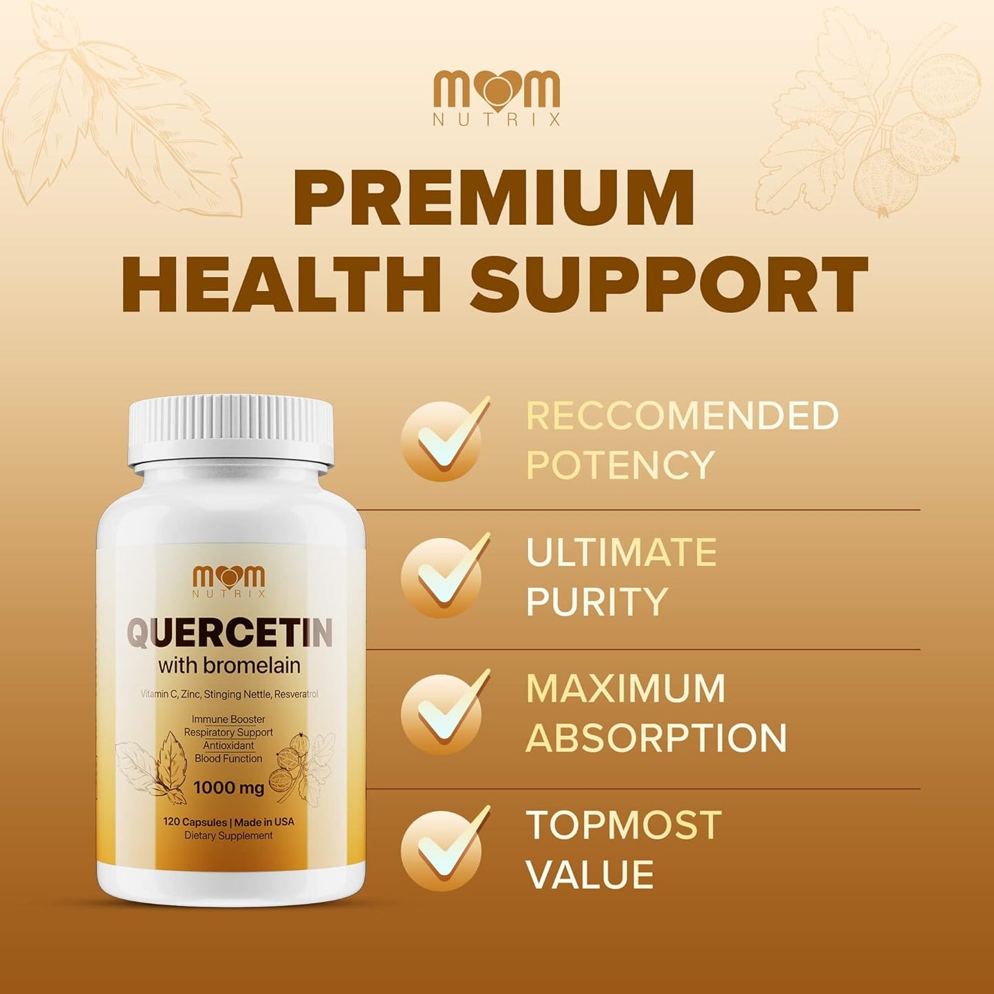 Advanced Quercetin and Bromelain Supplement with Elderberry, Nettle, Resveratrol, Zinc, and Vitamins C & D - 120 Capsules - Made in USA