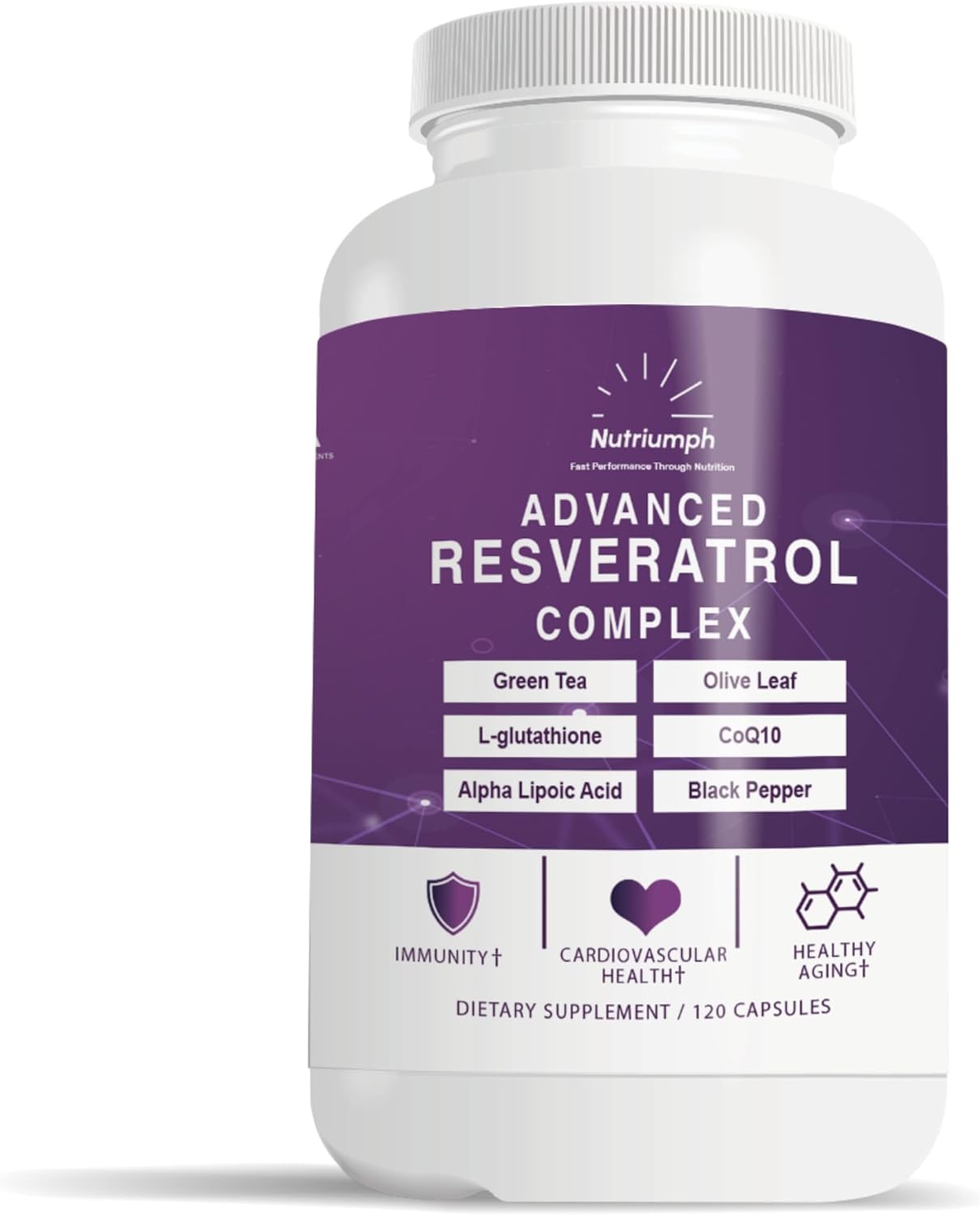 Advanced Resveratrol Complex with CoQ10, Olive Leaf Extract, Green Tea, L-Glutathione, Alpha Lipoic Acid, Black Pepper | 120 Capsules - Nutriumph