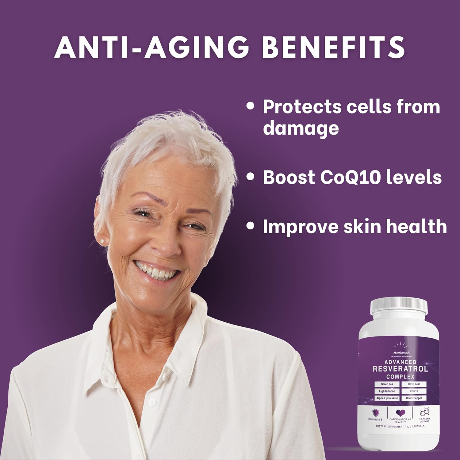 Advanced Resveratrol Complex with CoQ10, Olive Leaf Extract, Green Tea, L-Glutathione, Alpha Lipoic Acid, Black Pepper | 120 Capsules - Nutriumph