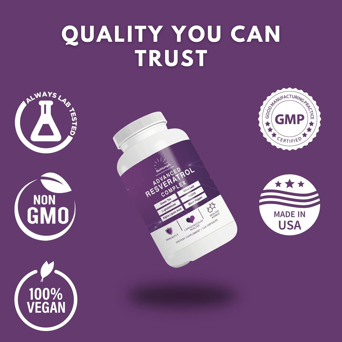 Advanced Resveratrol Complex with CoQ10, Olive Leaf Extract, Green Tea, L-Glutathione, Alpha Lipoic Acid, Black Pepper | 120 Capsules - Nutriumph