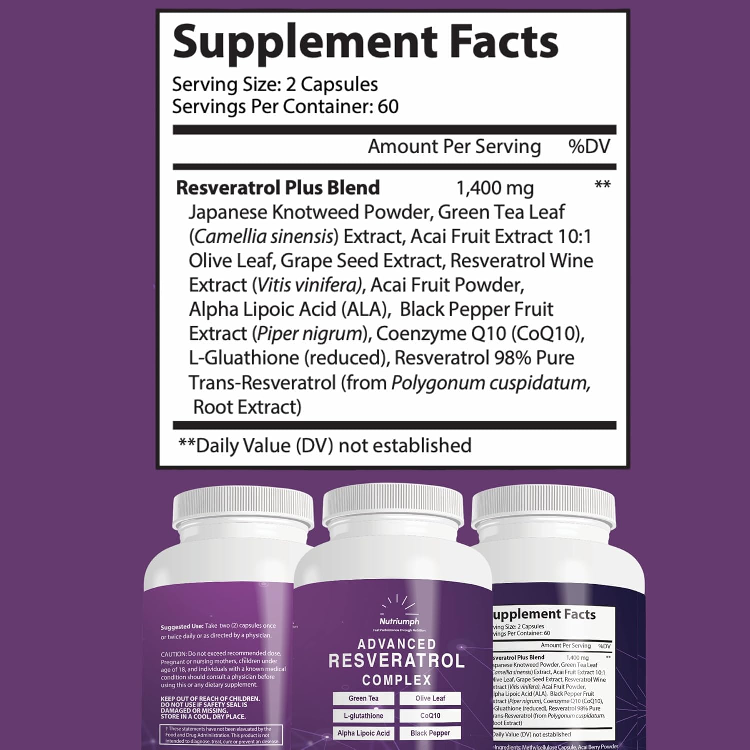 Advanced Resveratrol Complex with CoQ10, Olive Leaf Extract, Green Tea, L-Glutathione, Alpha Lipoic Acid, Black Pepper | 120 Capsules - Nutriumph