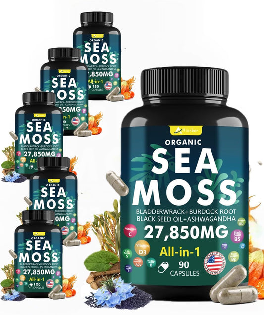 Advanced Sea Moss Capsules with Black Seed Oil, Aşhwagandha, Ginger, Vitamin C, Bladderwrack, Elderberry - 360 Tablets Total, Wildcrafted Formula for Immune Support
