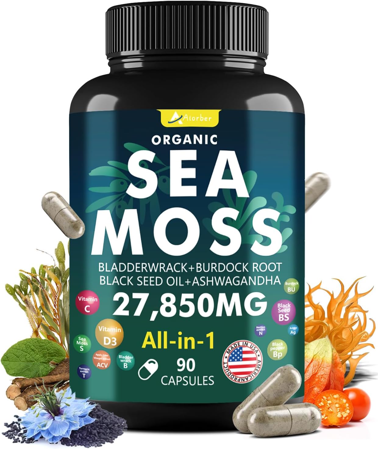 Advanced Sea Moss Capsules with Black Seed Oil, Aşhwagandha, Ginger, Vitamin C - 90 Tablets of Wildcrafted Sea Moss, Bladderwrack, Elderberry