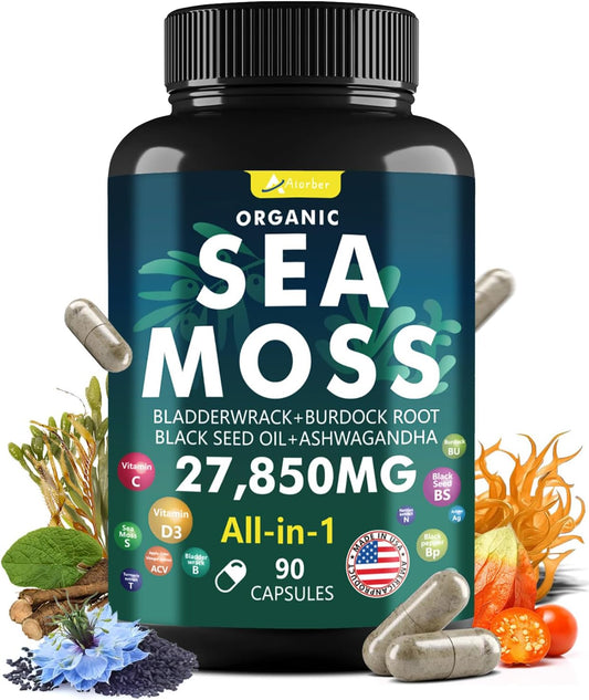 Advanced Sea Moss Capsules with Black Seed Oil, Aşhwagandha, Ginger, Vitamin C - 90 Tablets of Wildcrafted Sea Moss, Bladderwrack, Elderberry