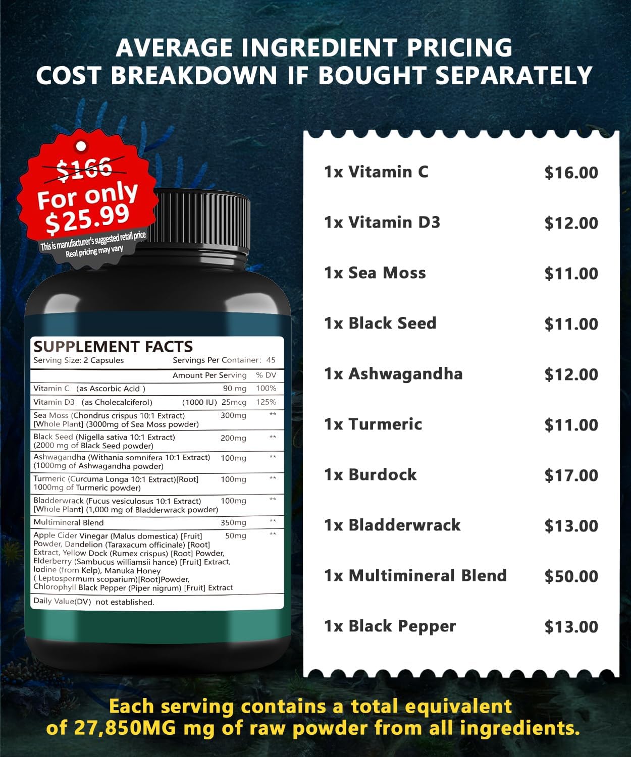 Advanced Sea Moss Capsules with Black Seed Oil, Aşhwagandha, Ginger, Vitamin C - 90 Tablets of Wildcrafted Sea Moss, Bladderwrack, Elderberry