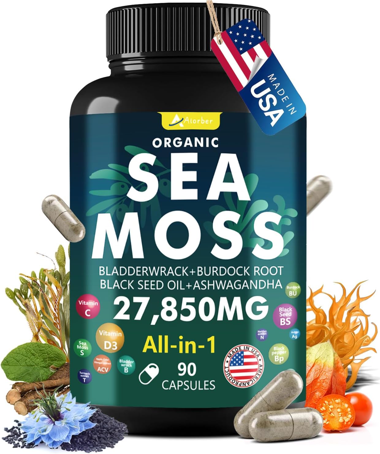 Advanced Sea Moss Capsules with Black Seed Oil, Ashwagandha, Ginger, Vitamin C & D3 - Superfood Blend with Bladderwrack, Elderberry - 90 Tablets
