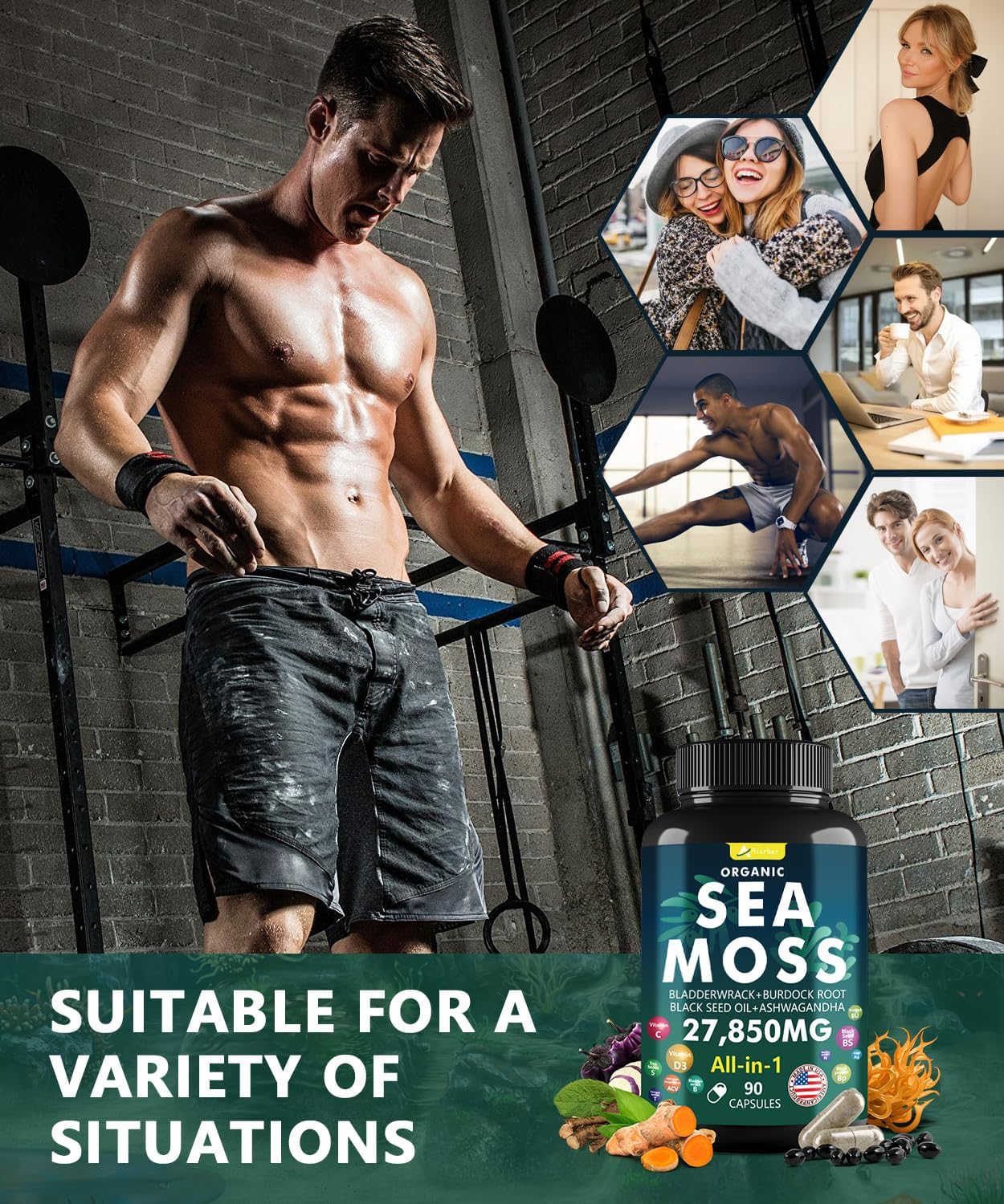 Advanced Sea Moss Capsules with Black Seed Oil, Ashwagandha, Ginger, Vitamin C & D3 - Superfood Blend with Bladderwrack, Elderberry - 90 Tablets