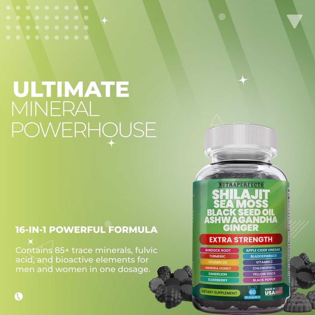 Advanced Strength NutraPerfecto Shilajit Gummies with Irish Sea Moss, Black Seed Oil, Ashwagandha, Ginger, Elderberry, Vitamin D3, Chlorophyll, Turmeric, and Bladderwrack - Resin Shilajit for Men & Women