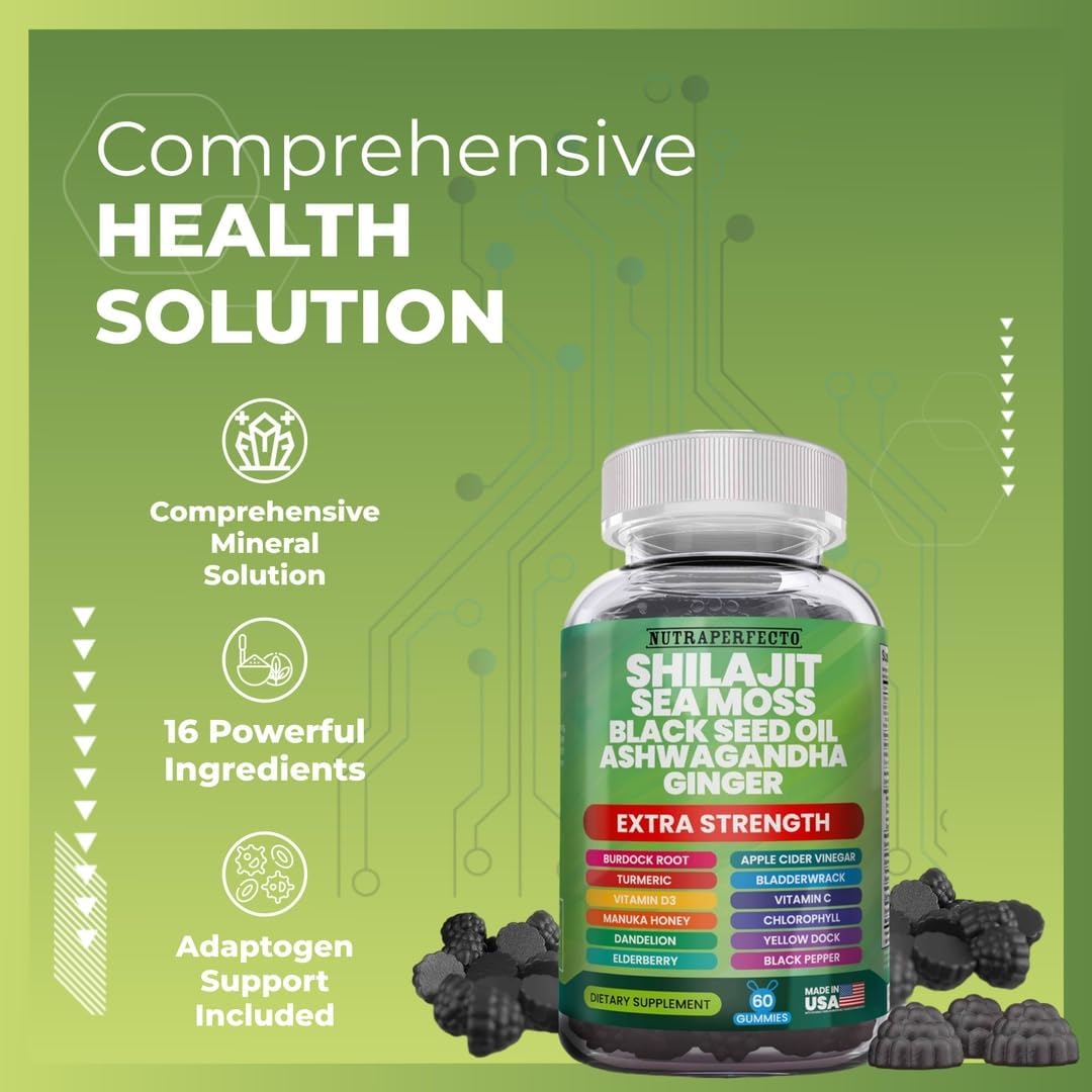 Advanced Strength NutraPerfecto Shilajit Gummies with Irish Sea Moss, Black Seed Oil, Ashwagandha, Ginger, Elderberry, Vitamin D3, Chlorophyll, Turmeric, and Bladderwrack - Resin Shilajit for Men & Women