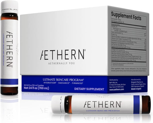AETHERN Liquid Collagen and Hyaluronic Acid Supplement for Hydrated, Glowing Skin. Clinically Proven. UV Protection. 28 Servings