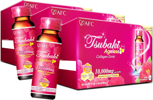 AFC Japan Tsubaki Ageless Beauty Collagen Drink - 10,000mg Marine Collagen Peptides, Royal Jelly, Hyaluronic Acid, Vitamin Bs & C - Skin Revitalization - 1.69 fl. oz x 10 s x 3