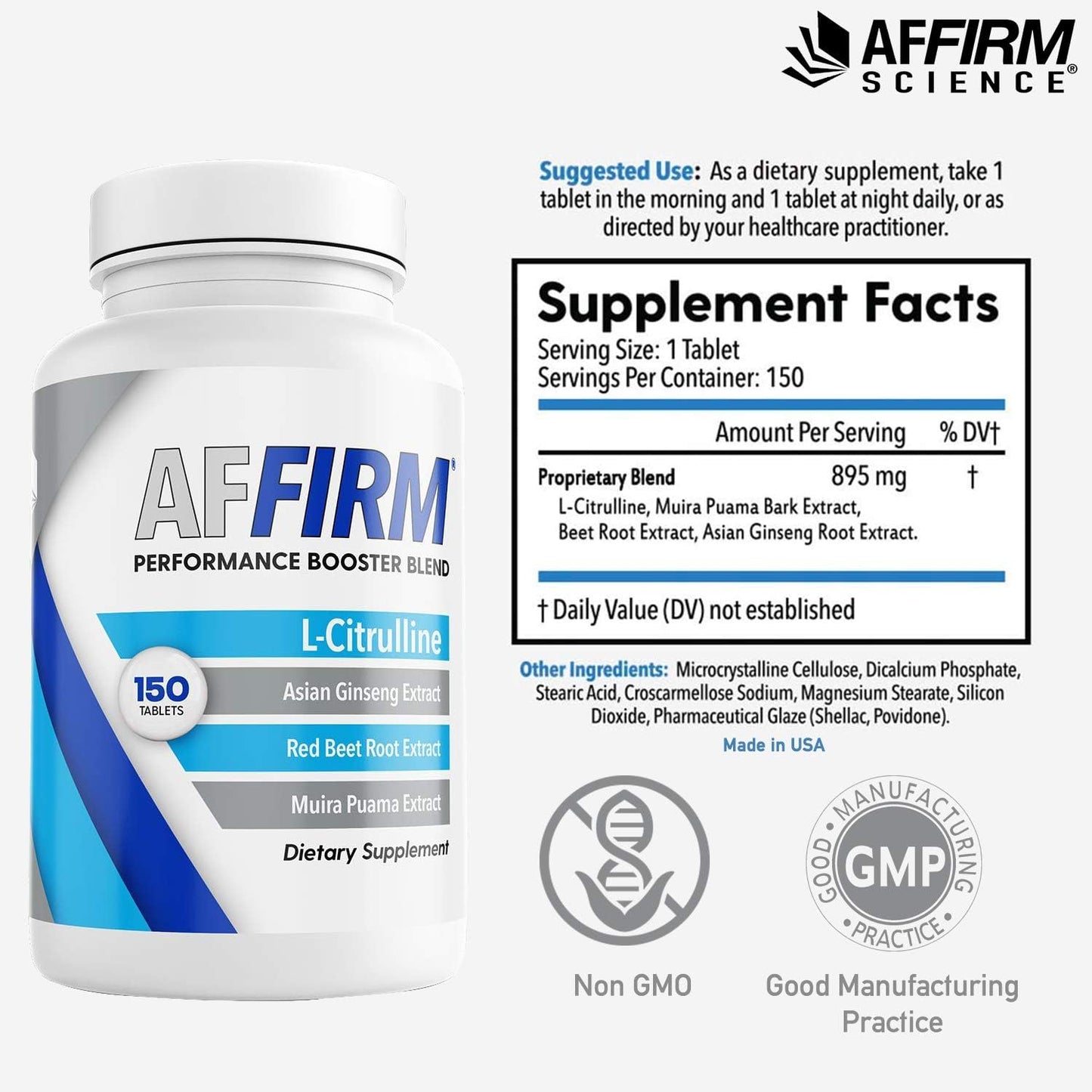 AFFIRM Science L-Citrulline Dietary Supplement 750mg 150 Tablets | Nitric Oxide Booster by Dr. Judson Brandeis | 75 Day Supply