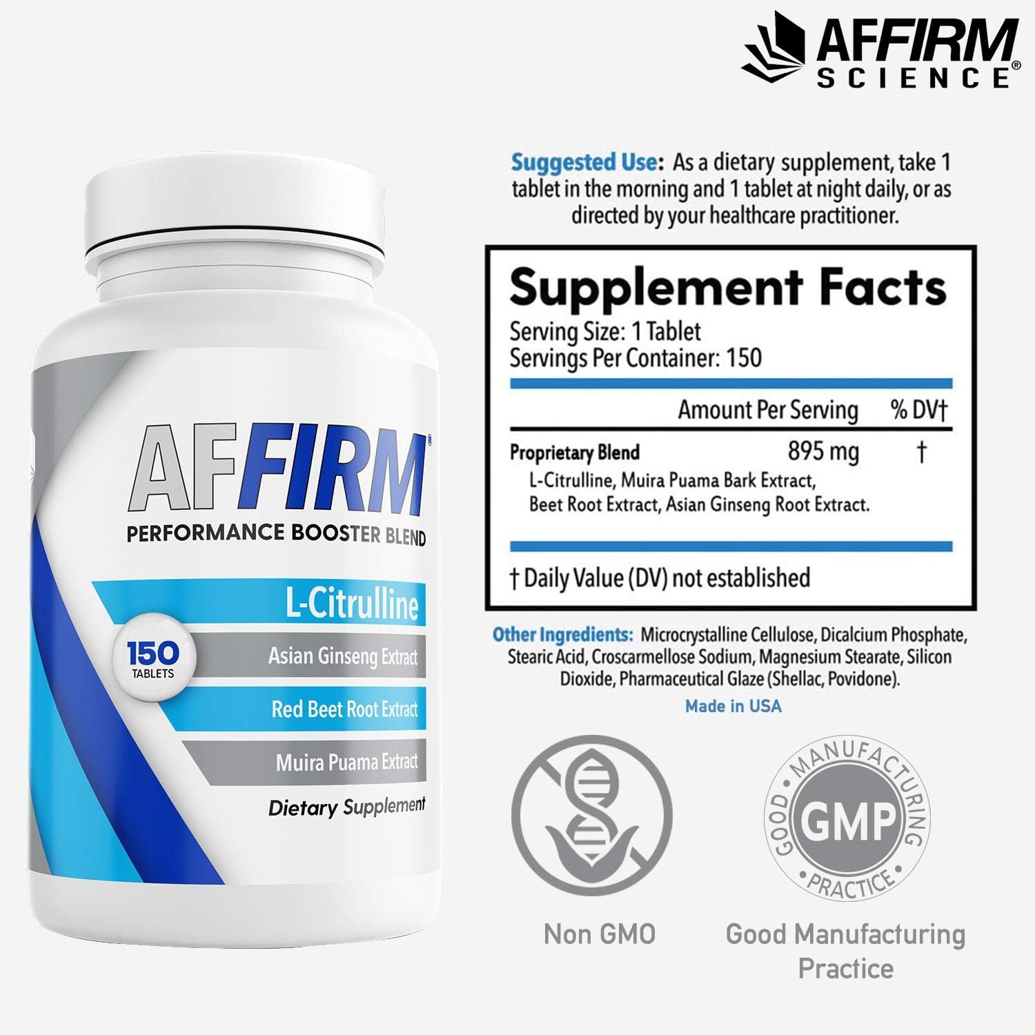 AFFIRM Science L-Citrulline Dietary Supplement 750mg 150 Tablets | Nitric Oxide Booster by Dr. Judson Brandeis | 75 Day Supply