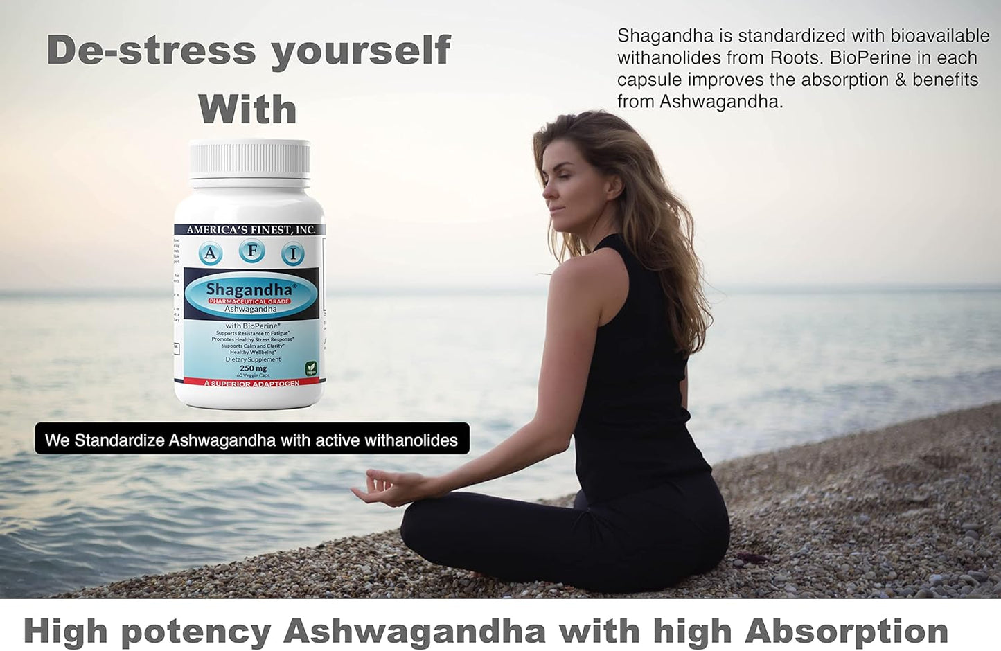 AFI America's Finest Inc Shagandha Capsules 250mg with BioPerine for Adrenal Fatigue, Calmness, and Clarity