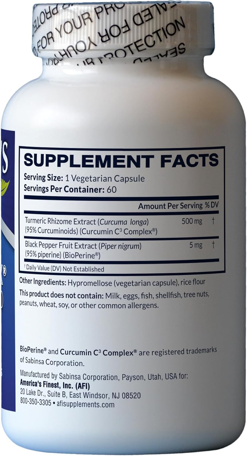 AFI Curcumin C3 Complex with BioPerine - 60 Veg Capsules for Joint Health Support - Turmeric 95% Curcuminoids & Black Pepper 95% - Enhanced Absorption - 500mg - for Women and Men