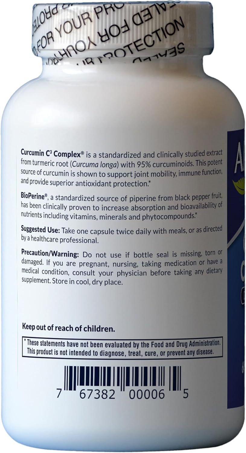 AFI Curcumin C3 Complex with BioPerine - 60 Veg Capsules for Joint Health Support - Turmeric 95% Curcuminoids & Black Pepper 95% - Enhanced Absorption - 500mg - for Women and Men