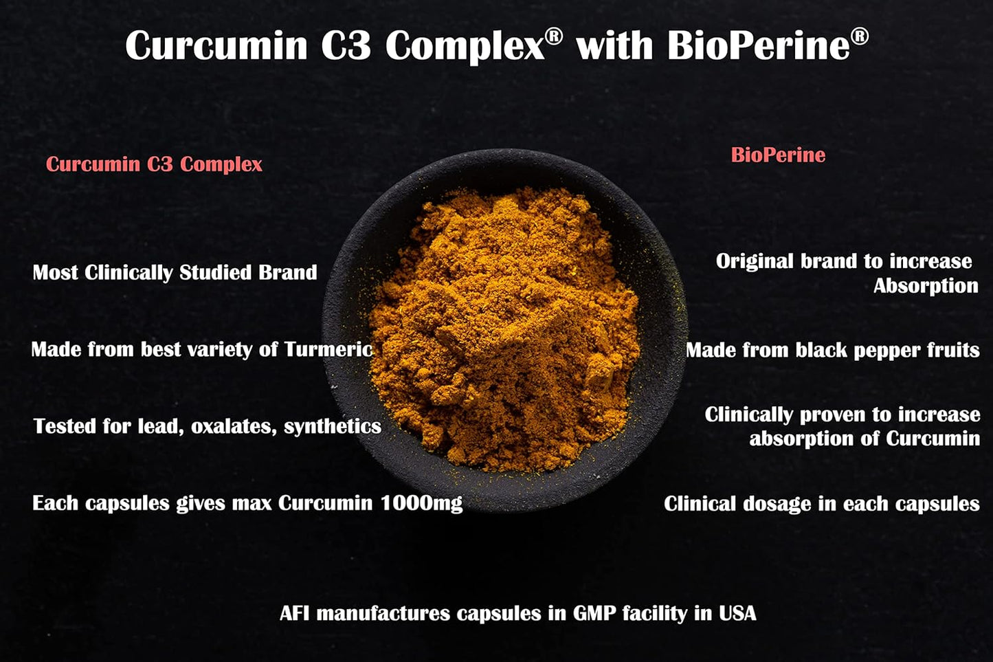 AFI Curcumin C3 Complex with BioPerine - 60 Veg Capsules for Joint Health Support - Turmeric 95% Curcuminoids & Black Pepper 95% - Enhanced Absorption - 500mg - for Women and Men