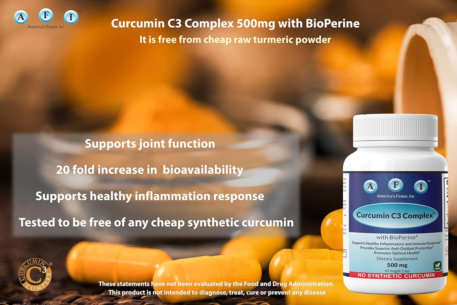 AFI Curcumin C3 Complex with BioPerine - 60 Veg Capsules for Joint Health Support - Turmeric 95% Curcuminoids & Black Pepper 95% - Enhanced Absorption - 500mg - for Women and Men