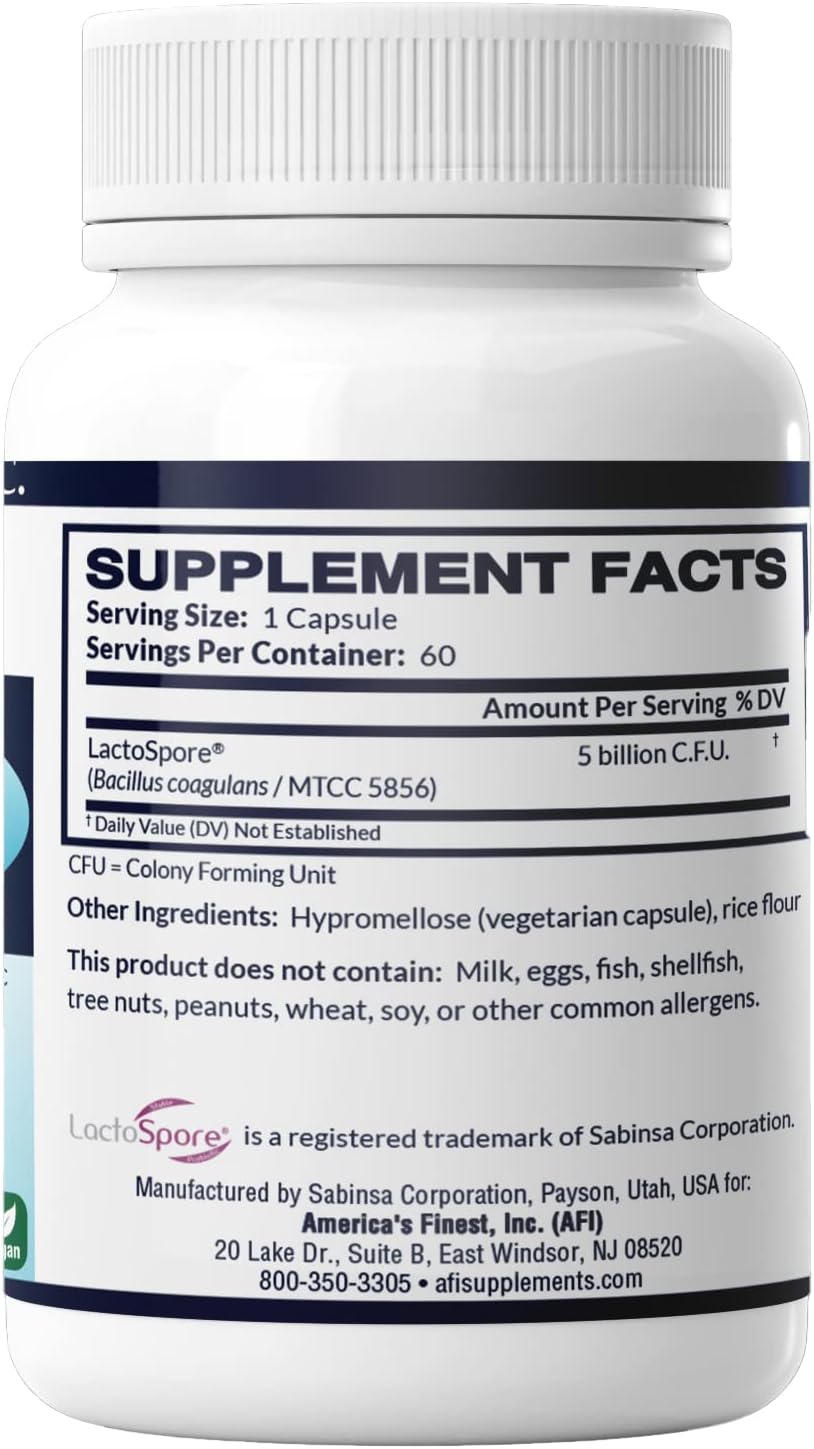 AFI LactoSpore Probiotic Capsules - Acid Resistant Support for Men and Women - 5 Billion CFUs - 60 Capsules