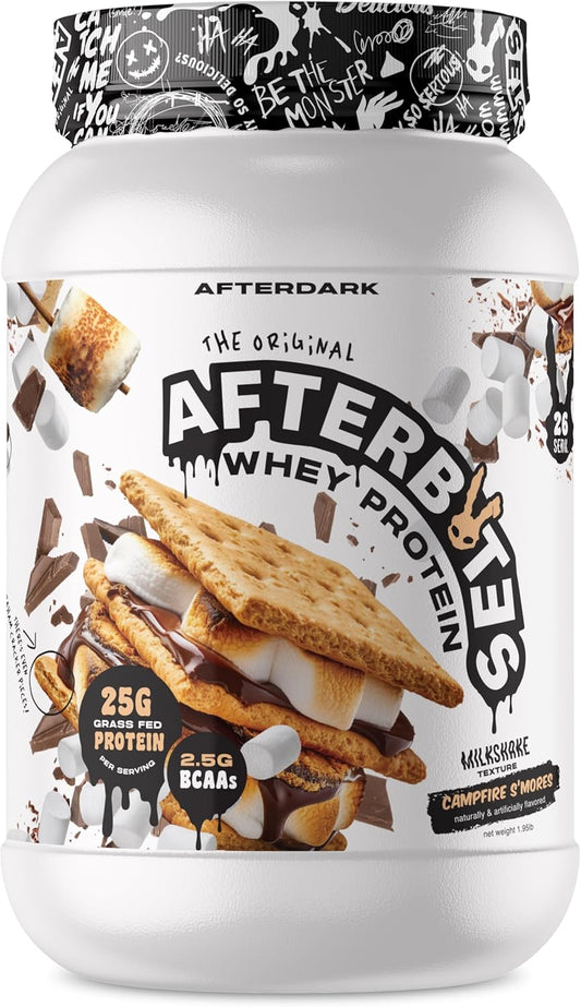 AfterBites Whey Protein Powder - 25g Protein, 4.5g BCAA's, Isolate Protein, Easy Dissolving, USA Made - Campfire Smores Flavor - 26 Servings