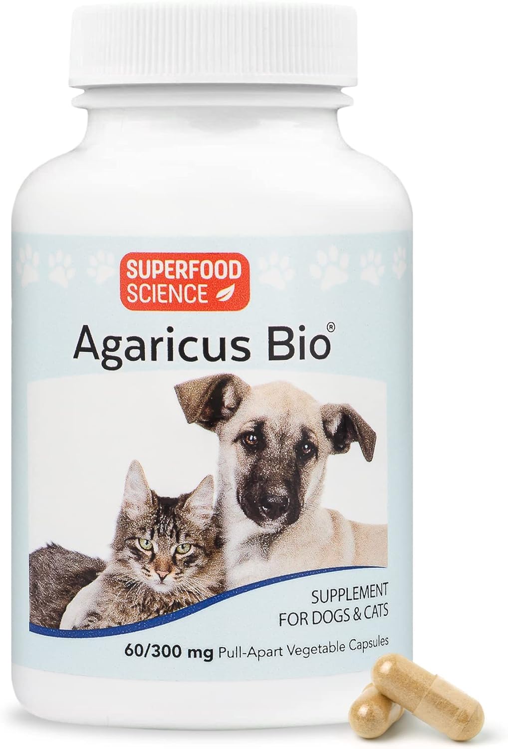 Agaricus Bio Superfood Supplement for Dogs and Cats - Boost Immune Defense & Energy, Antioxidant Mushroom Powder - 60 caps